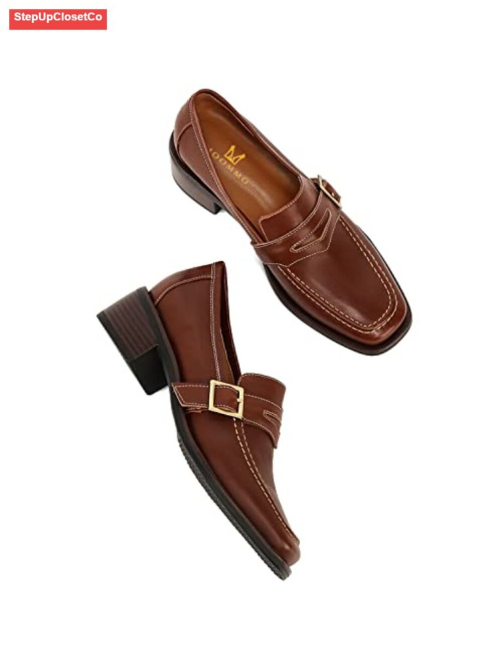 Women's Chunky Heel Square Toe Patent Leather Loafers Slip On Buckle